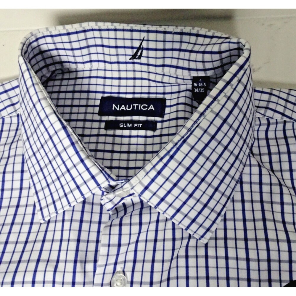 Nautica Mens Slim Fit Blue /Gray Checkered Dress Shirt Wrinkle Resistant Size L